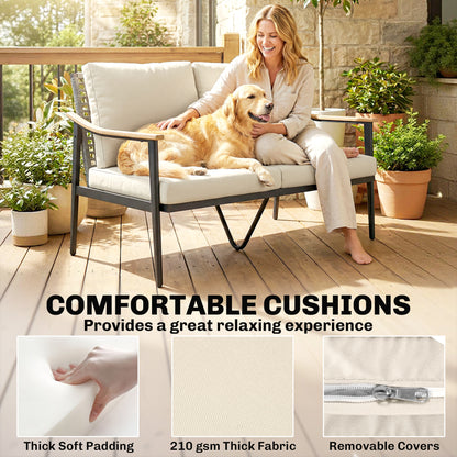 2 Seater Rattan Garden Sofa | Wood-Effect Armrests | Cut-Out PE Rattan Backrest | 8cm Seat & 12cm Back Cushions | Steel Frame | 240kg | 120x75x78cm | Khaki
