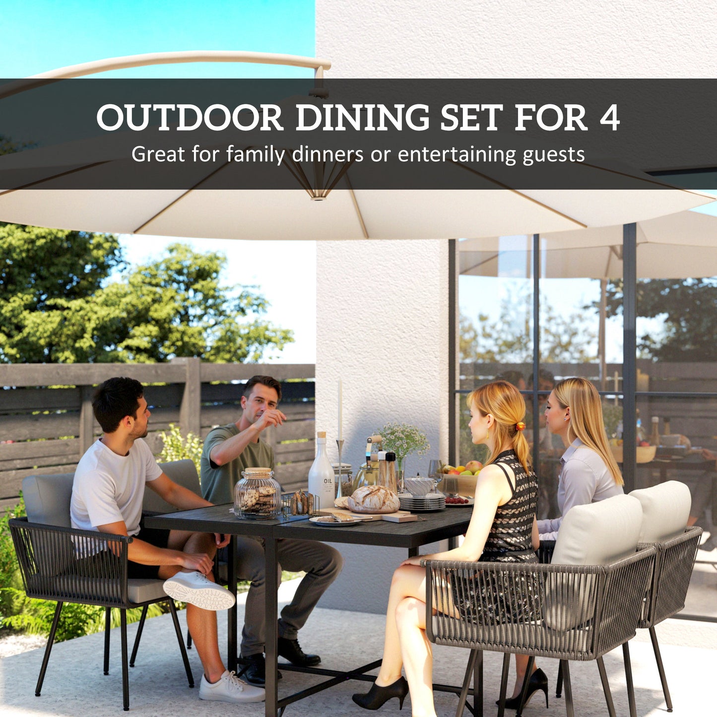 5-Piece Rattan Garden Dining Set | PS Wood-Plastic Table 110x110cm | 4 PE Rattan Armchairs | Thick Cushions | Zip Covers | Powder-Coated Metal Frame | Adjustable Feet | 120kg Chair Capacity | Light Grey