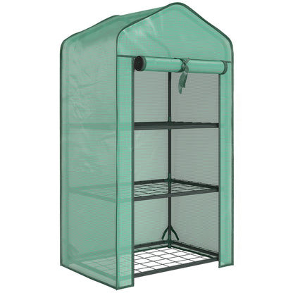 3-Tier Mini Greenhouse | Steel Frame | 140gsm PE Cover | Roll-Up Zip Door | 5kg Per Shelf | 59x39x127cm | Green