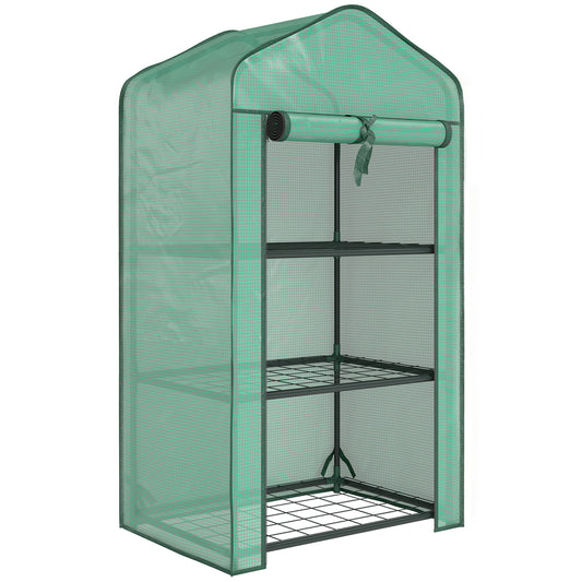 3-Tier Mini Greenhouse | Steel Frame | 140gsm PE Cover | Roll-Up Zip Door | 5kg Per Shelf | 59x39x127cm | Green