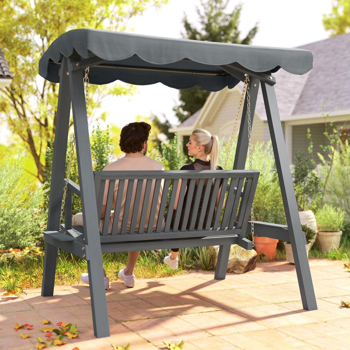 2-Seater Garden Swing Seat with Canopy | Larch Wood Frame | UV-Resistant | 240kg | Grey