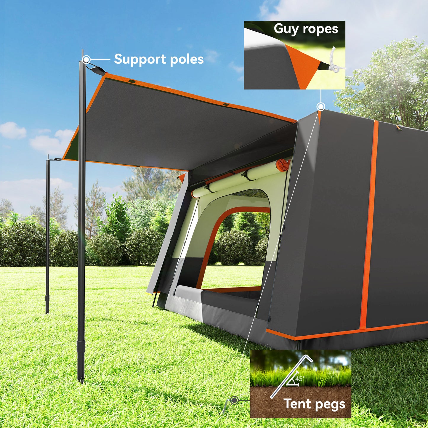 4-6 Man Camping Tent, Double Layer Tunnel Tent with Porch, Living Area and 2 Bedrooms, Sewn in Groundsheet, 3000mm Waterproof, Grey
