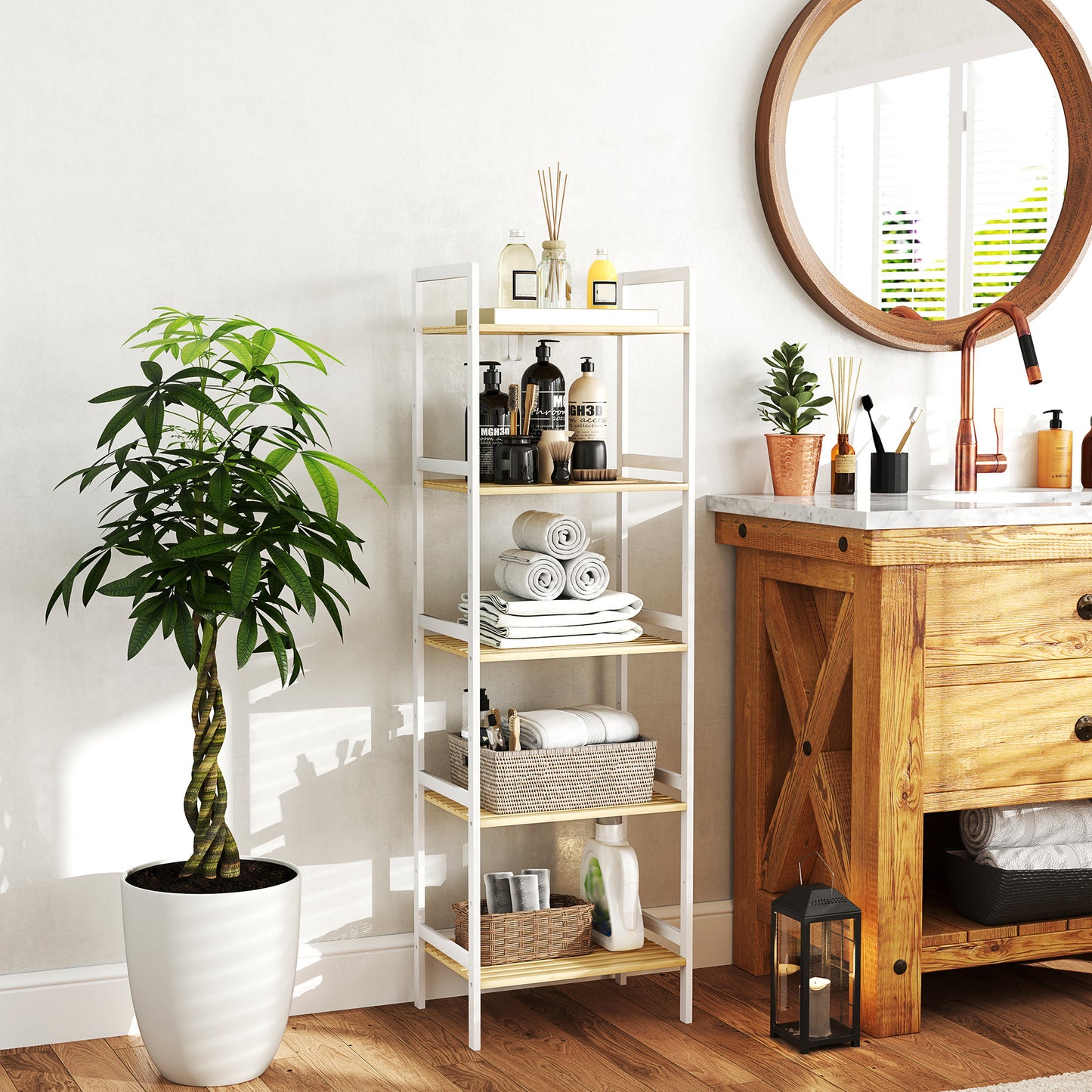 Five-Tier Bamboo Adjustable Shelf Storage Unit