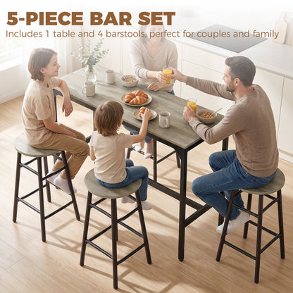 5-Piece Industrial Bar Table & Stool Set | Grey Wood Effect MDF Tops | Powder-Coated Steel Frames | Table 105x40x90cm | 4x Stools Dia30x60cm | 120kg Stool 100kg Table | Adjustable Feet | Grey / Black