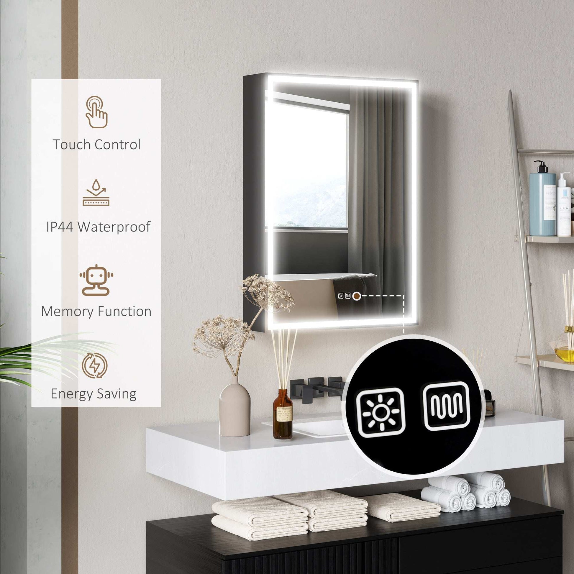 Bathroom Mirror Medicine Cabinet with LED Lights and Shaver Socket, 500 x 700 mm Wall Mounted Bathroom Cabinet with Mirror, Demister Pad, Dimmer, 3 Colours, Black