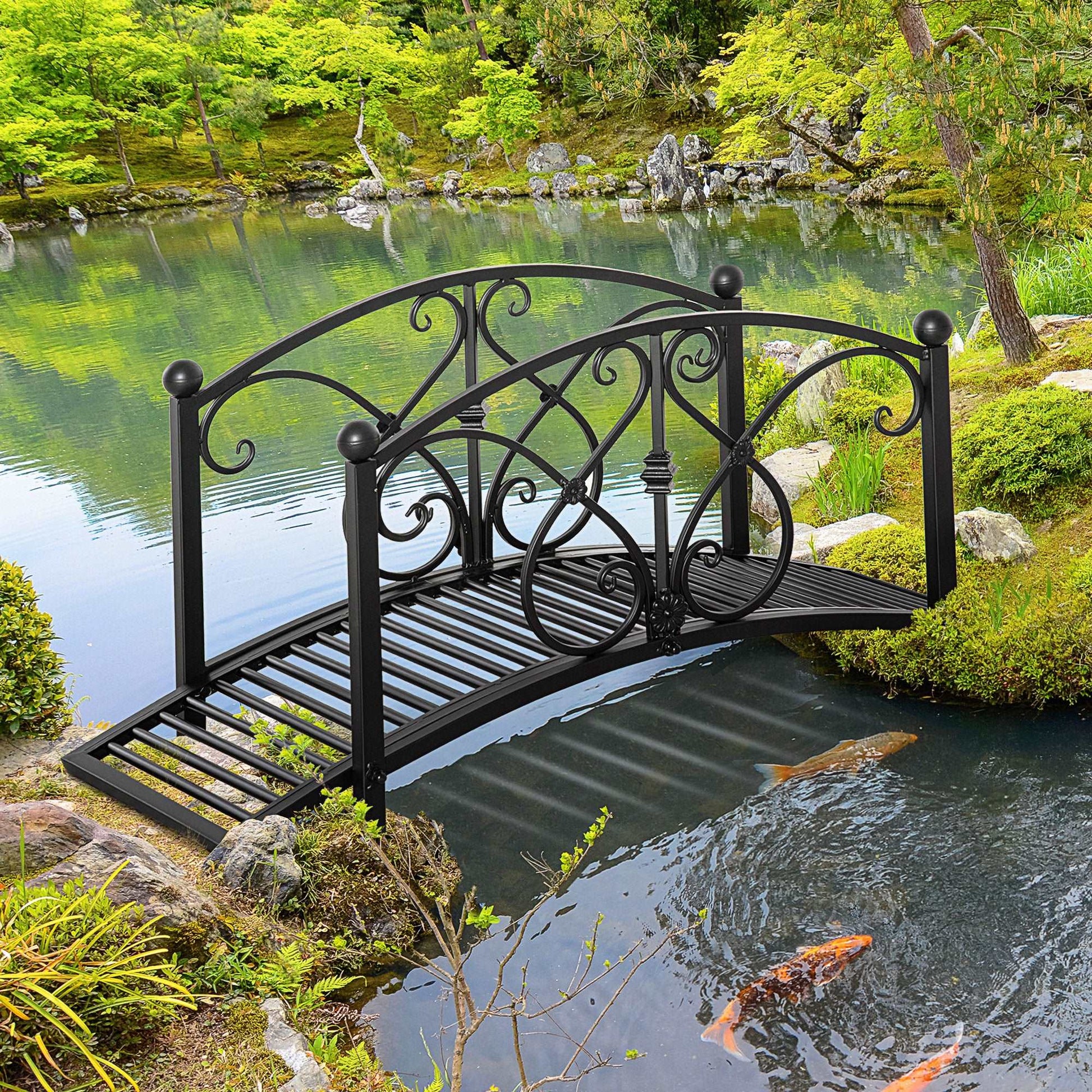 102L x 48W x 49H Classic Metal Garden Bridge with Safety Railings Arc Footbridge Decorative Pond  for Backyard Creek Stream, Black