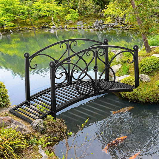 102L x 48W x 49H Classic Metal Garden Bridge with Safety Railings Arc Footbridge Decorative Pond  for Backyard Creek Stream, Black
