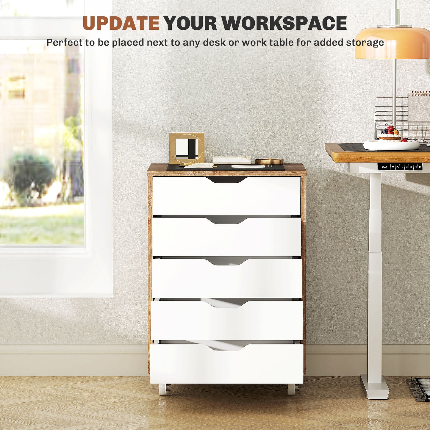5 Drawer Mobile Filing Cabinet on Wheels | Brakes | 47.5x39.5x67.5cm | Groove Handles | Flat Top | Anti-Tip Strap | 25kg | Oak Brown