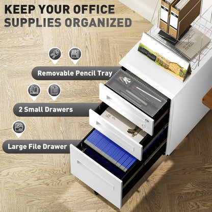 3 Drawer Slim Mobile Steel Filing Cabinet | Under Desk | 30x43.5x60cm | Lockable | A4 Legal Letter | 3 Compartment Pencil Tray | 4 Wheels | Pre-Assembled | 30kg | White