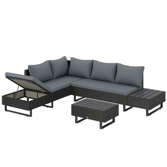 5 Seater L-Shaped Rattan Garden Corner Sofa Set | Adjustable Backrest & Chaise Lounge | Loveseat & Coffee Table | Zipped Cushion Covers | Powder-Coated Frame | 360kg Capacity | Dark Grey