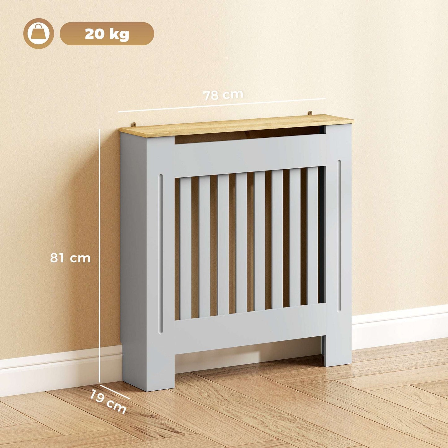 MDF Radiator Cover | Slatted Line Grill Design | Display Top | Wall Mountable | Fittings Included | Lightweight 7kg | 78x19x81cm | Grey
