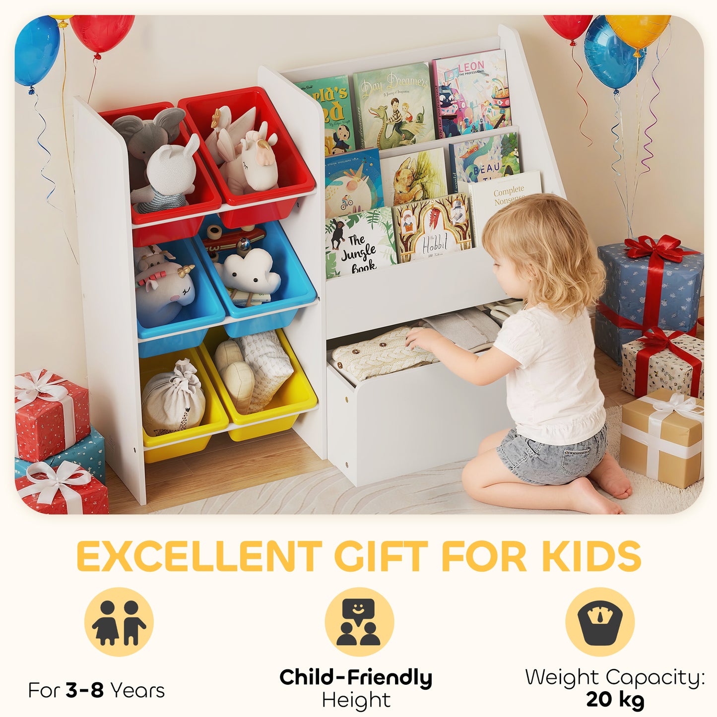 AIYAPLAY Toy Storage Unit, 3-Tier Toy Organiser Shelf with 6 Removable Storage Bins for Bedroom, Nursery, Multicolour