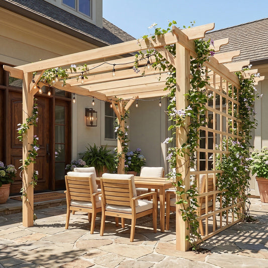 3 x 3 m Wooden Pergola Kit, Garden Pergola Gazebo Arch with Trellis for Climbing Vines, Flowers, Nature Wood Finish