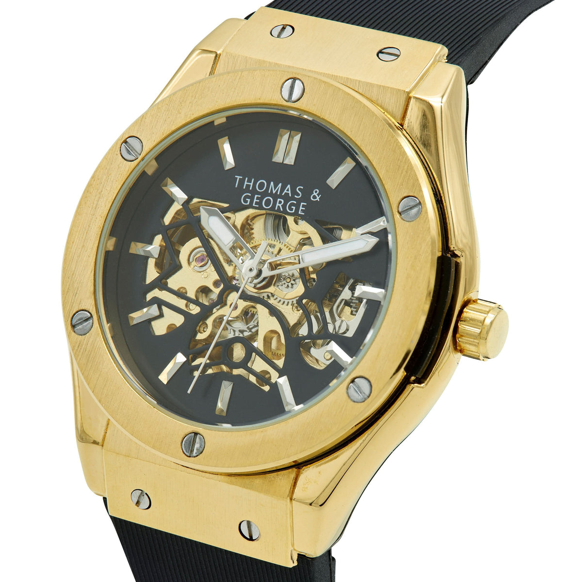 Thomas & George Norway Gold Edition Automatic Skeleton Watch | 42mm Gold-Tone Alloy Case & Black Dial | Flexible Black Silicone Strap | Optional Luxury Box