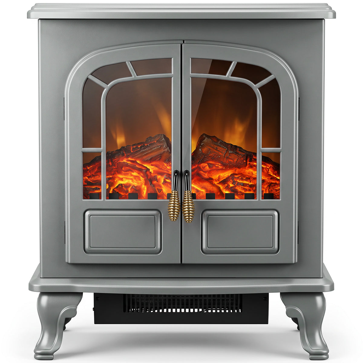 Electric Fireplace Stove | Grey Freestanding 2000W Heater with LED Flame Effect, Energy Rating C