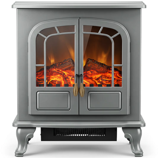 Electric Fireplace Stove | Grey Freestanding 2000W Heater with LED Flame Effect, Energy Rating C