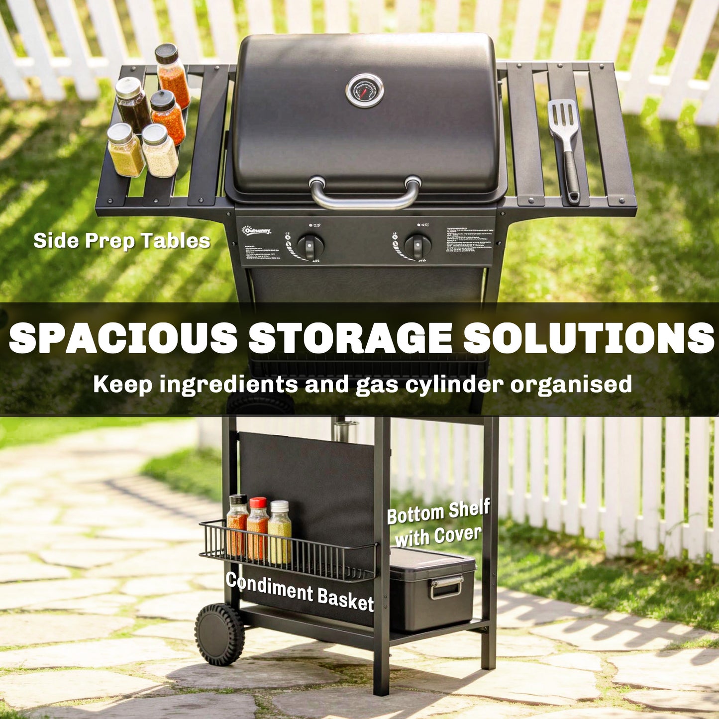 2 Burner Gas BBQ Grill | 1800cm² Enamel Grid | Side Tables | Warming Rack | Lid Thermometer | Grease Tray | UKCA | Black