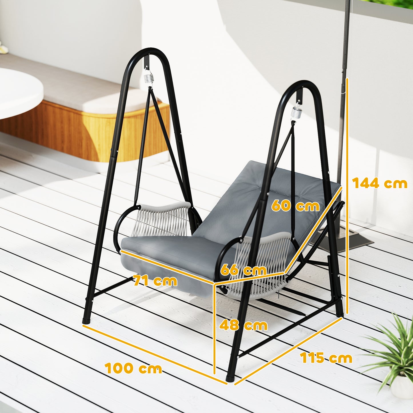 Outsunny Rattan Swing Chair, Outdoor Garden Hanging Swing Seat with Stand and Seat Cushion, Porch Hanging Chair for Balcony, Garden, Deck