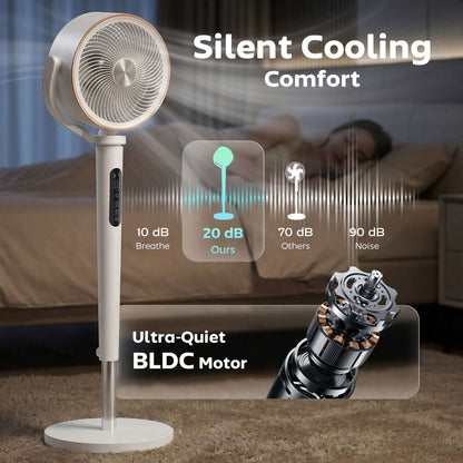 BLDC Pedestal Air Circulator Fan | 20dB Sleep Mode | 717 CFM | 12 Speeds | 3D Oscillation 70°+90° | Night Light & Aromatherapy | Washable Grill | 5m Remote | 12H Timer | 50W | 116.5cm | White