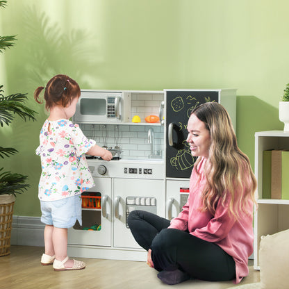 Pretend Play Kitchen, Kids Kitchen Playset, with Toy Phone, Chalkboard, Microwave, Cooking Stove, Sink, White