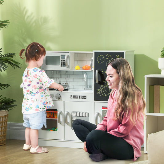 Pretend Play Kitchen, Kids Kitchen Playset, with Toy Phone, Chalkboard, Microwave, Cooking Stove, Sink, White