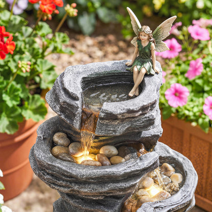 6-Tier Cascading Garden Water Fountain | LED Lights | Resin | Grey | 101.5cm
