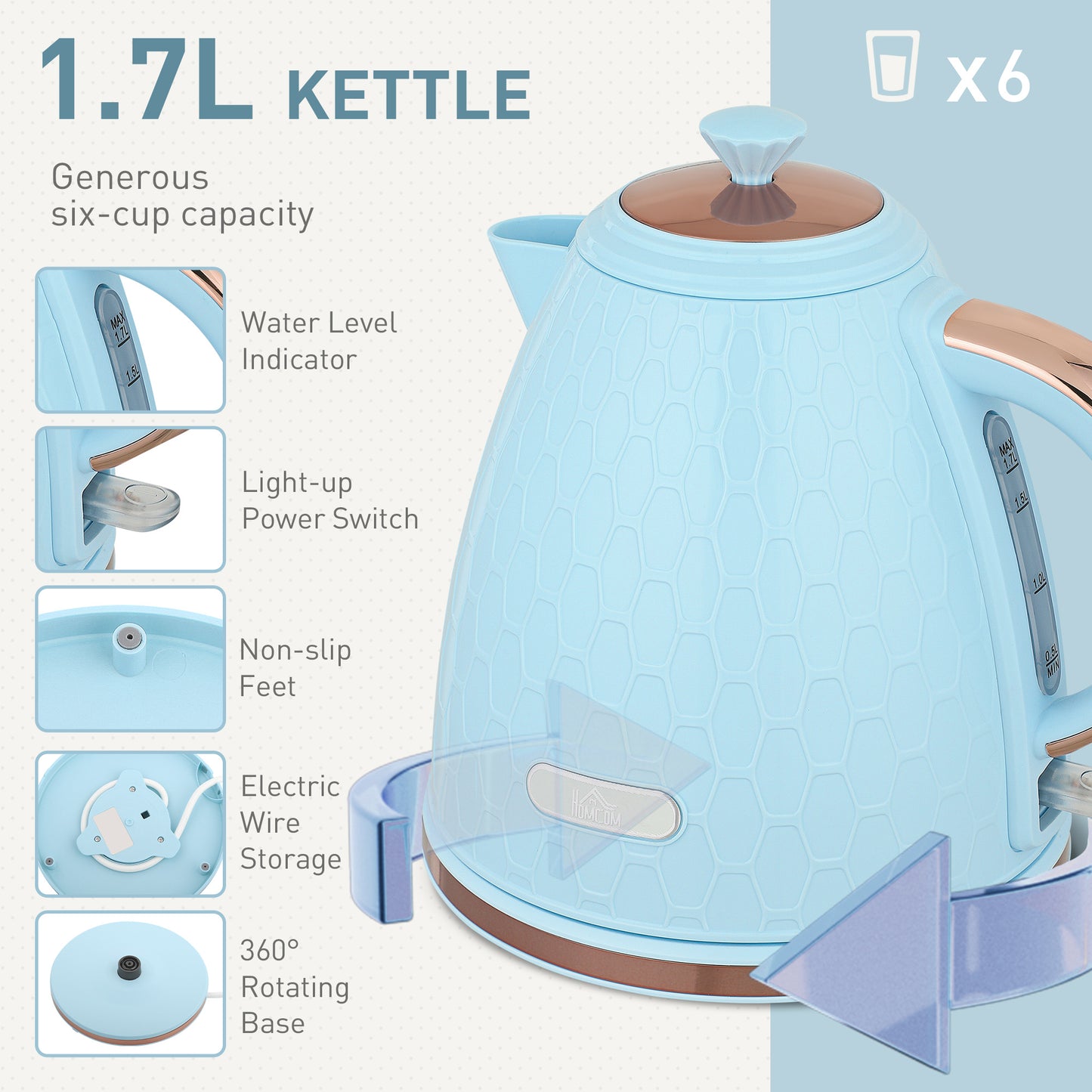 Kettle and Toaster Set, 1.7L 3000W Fast Boil Jug Kettle, 4 Slice Toaster with 7 Level Browning Controls, Light Blue / Pink