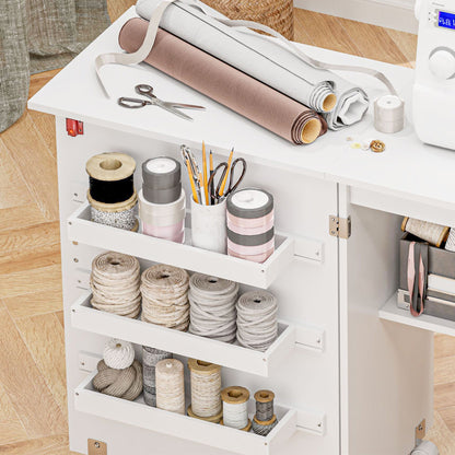 Folding Sewing Table, Drop Leaf Craft Table with Storage Bins, Open Shelf and Wheels, Rolling Sewing Machine Cabinet for Small Space