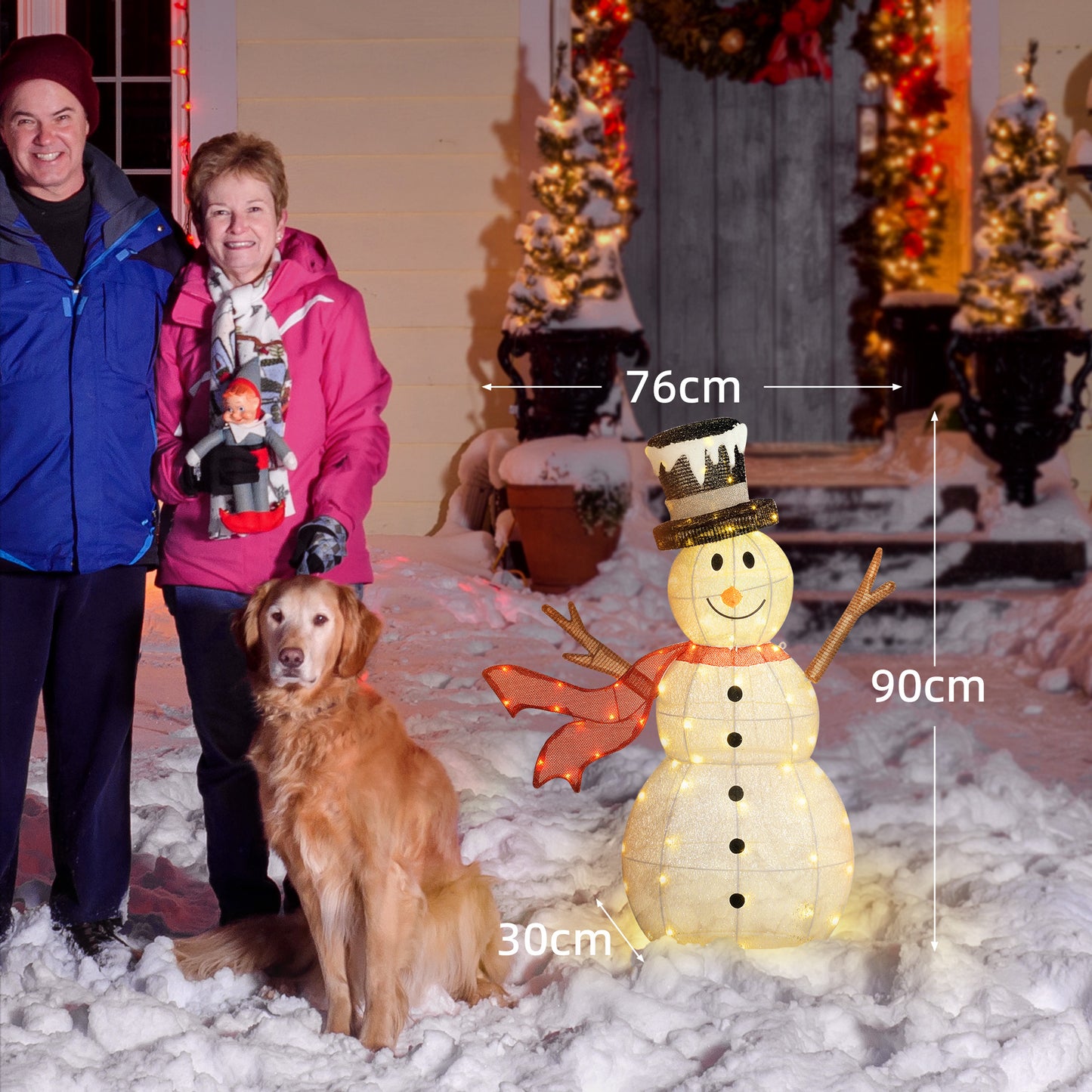 Outsunny 3FT Lighted Christmas Snowman, Waterproof Light up Yard Decor with 78 Warm-White LED Lights for Indoor Outdoor Garden, White