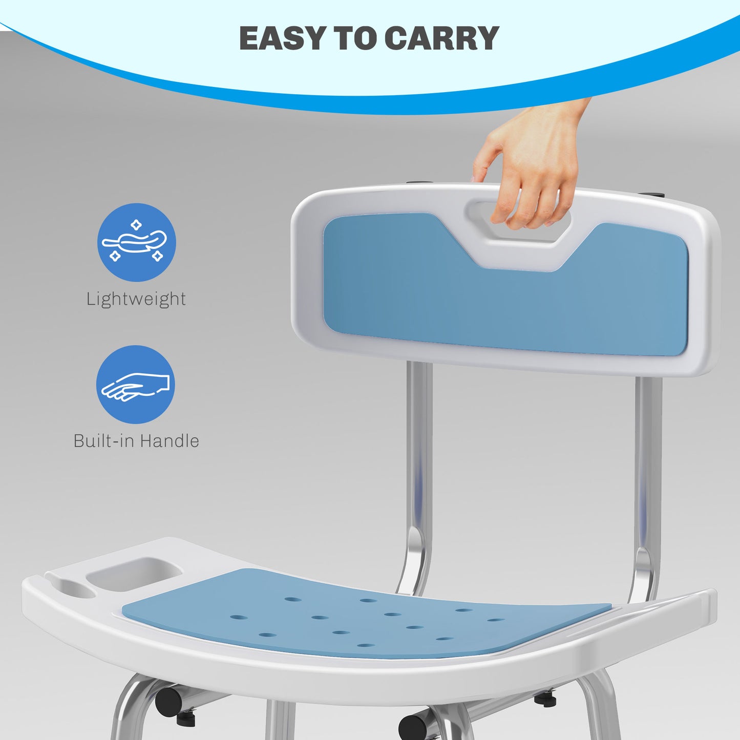 Shower Stool with Backrest, Height Adjustable Chair with Anti-slip Foot Pads And Shower Head Holder, Light Blue