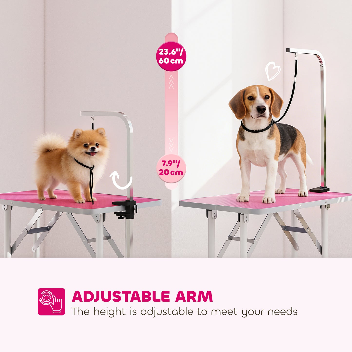 Foldable Dog Grooming Table | Non-Slip Rubber Top | Adjustable Arm 20-60cm | 20kg | Pink