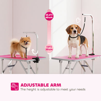 Foldable Dog Grooming Table | Non-Slip Rubber Top | Adjustable Arm 20-60cm | 20kg | Pink