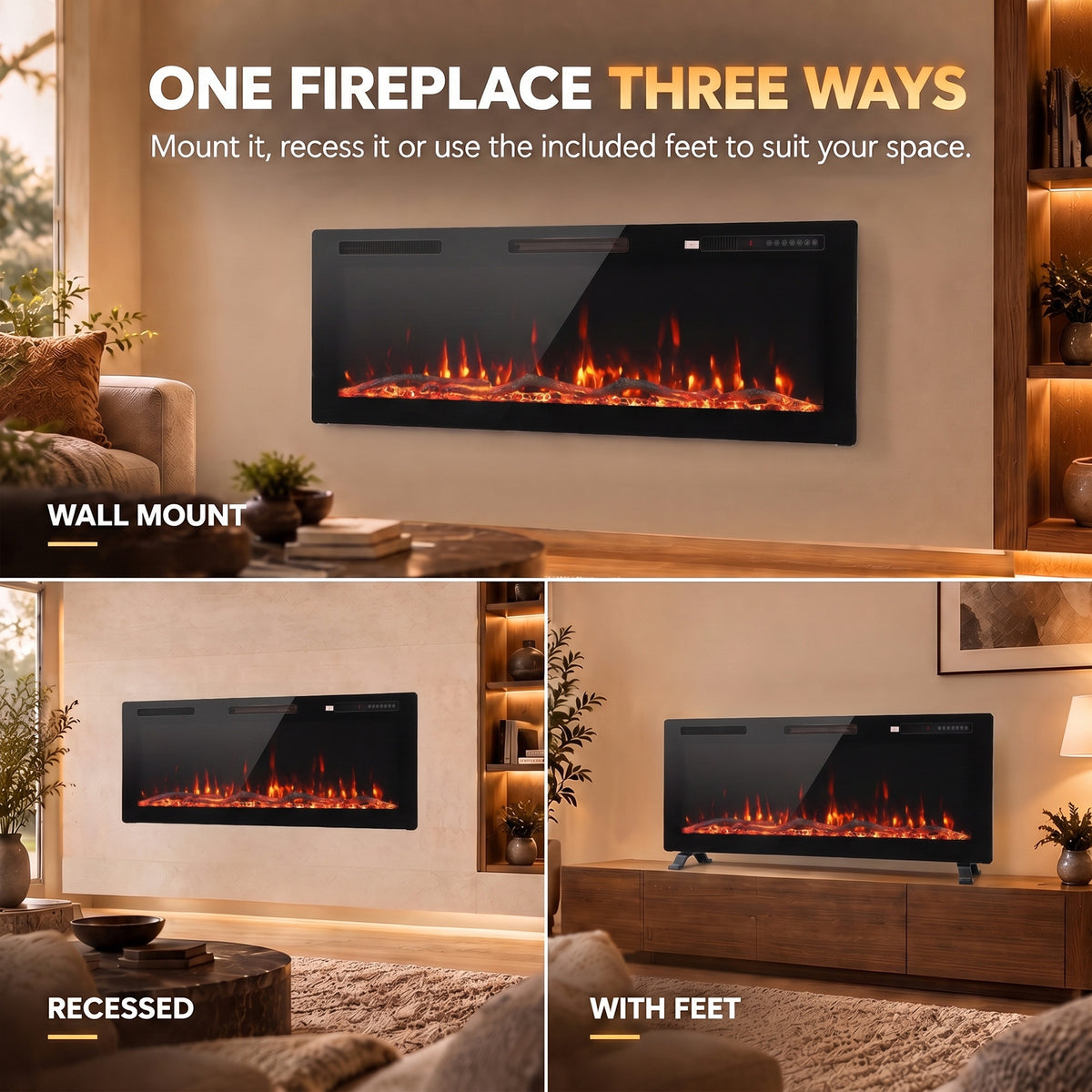 127cm Slim Electric Fireplace | Wall Mounted, Recessed or Freestanding | 900/1800W, 12 Flame Colours, Remote, ECO & 7-Day Timer | Black