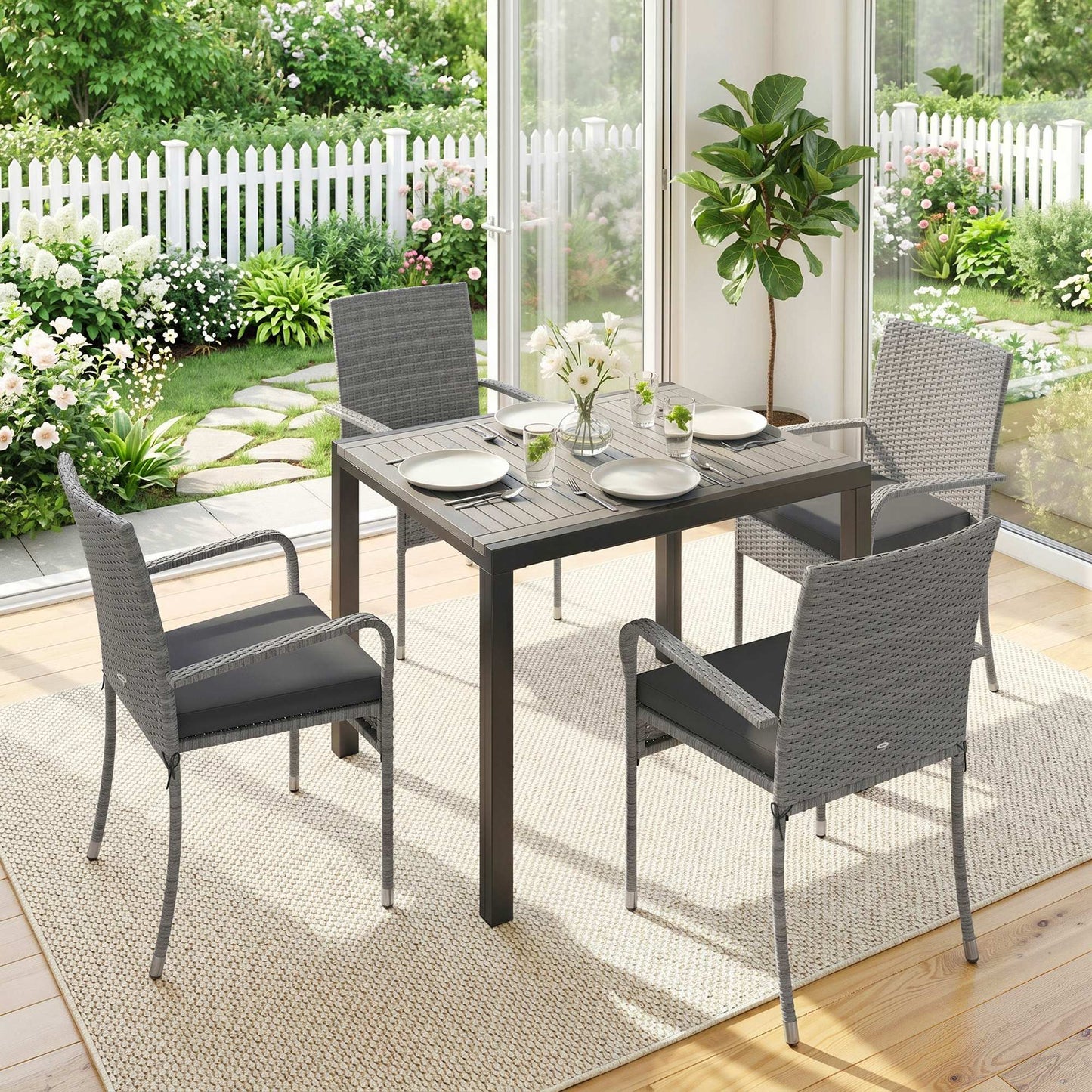 7-Piece Rattan Garden Furniture Set | 6 Seater | Extendable Acacia Wood Table 100-150cm | 6 Stackable High-Back Armchairs | Washable Cushion Covers | PE Rattan & Steel Frame | Light Grey