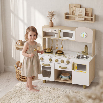 Kids Play Kitchen Playset | Rotating Coffee Maker | Stove with Ignition Sounds | Rotating Tap | Clock with Movable Hands | Shelves Cabinet & Drawer | 6-Piece Steel Set | E1 MDF | 74x29x81cm | Ages 3-6 | White