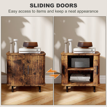 Nordic Bedside Table | Roller Shutter Sliding Doors | 2-Tier Storage | Melamine Surface | Steel Legs | 90kg | 48x40x48cm | Rustic Brown