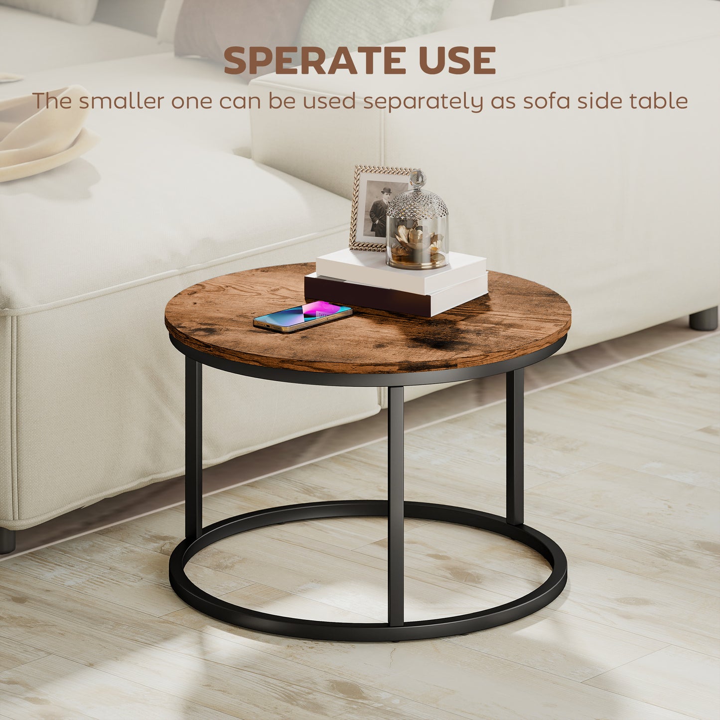 Coffee Table Set of 2, Round Nest of Tables with Metal Frame, Modern Side Tables for Living Room, Rustic Brown