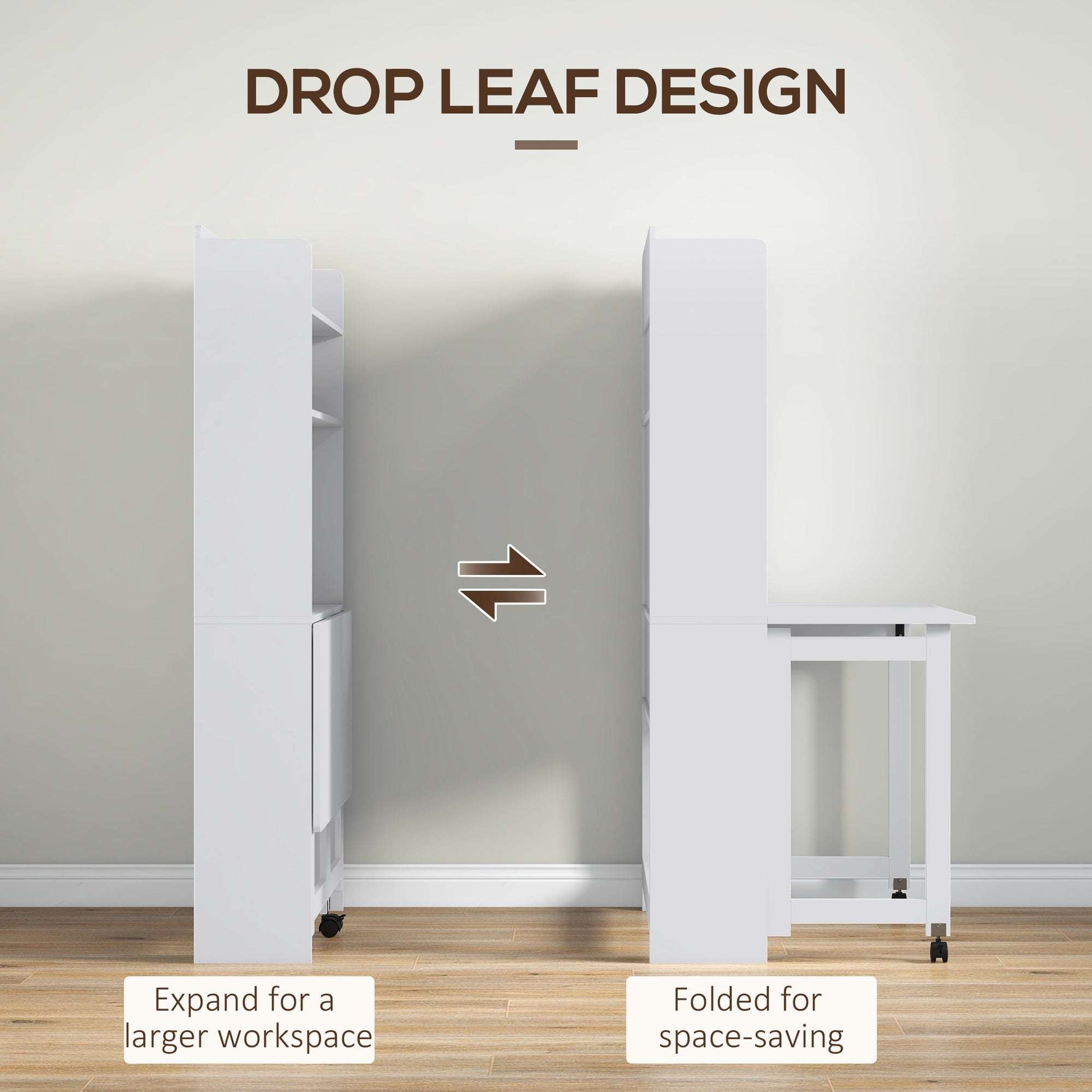 Foldable Desktop, Computer Desk with Storage Shelves, 80 x 69 x 155 cm, White