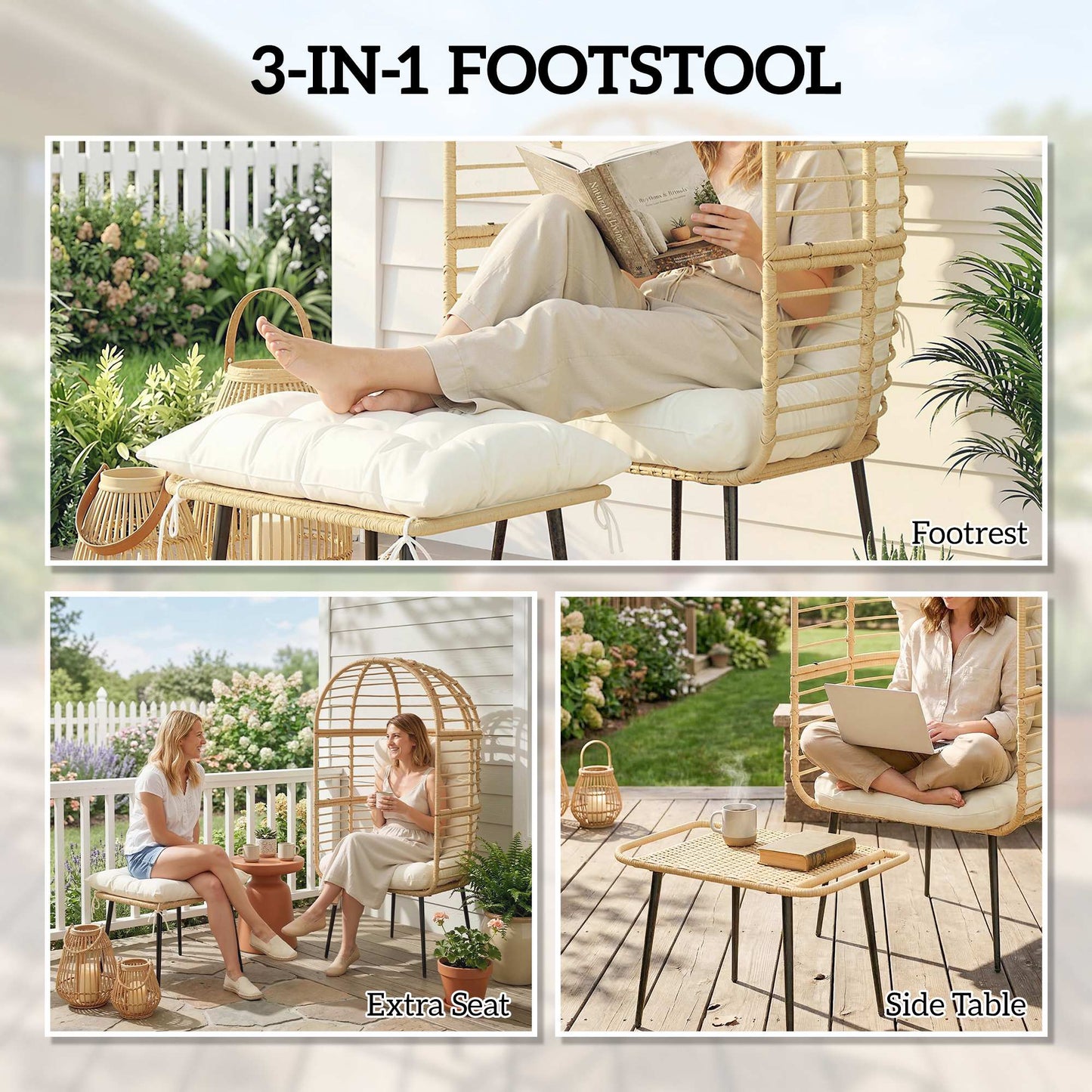 Rattan Egg Chair & Footstool Set | 11cm Tufted Cushions | UV & Weather Resistant | Steel Frame | 120kg | Indoor & Outdoor | Beige