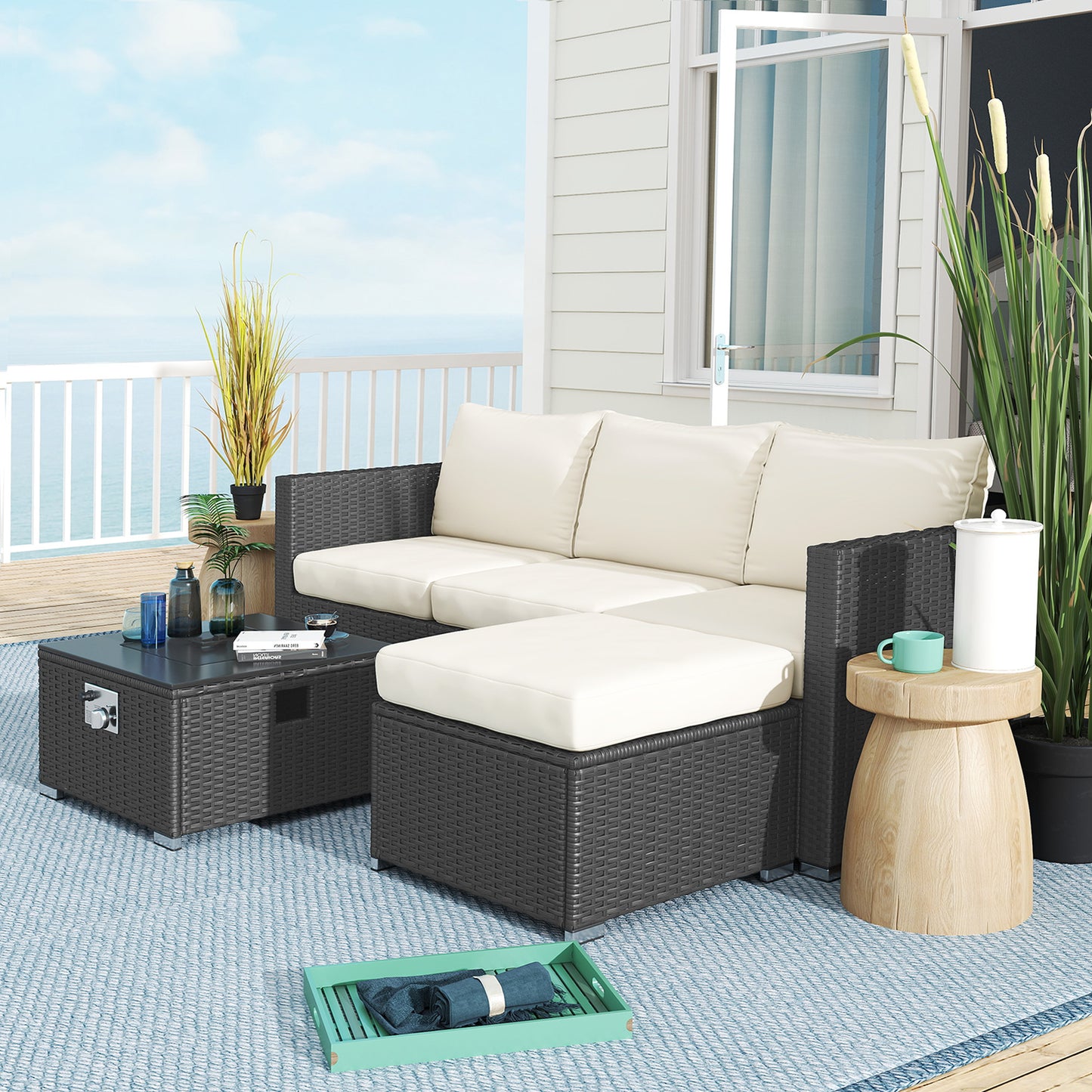 Five Piece Rattan Garden Furniture Set with Gas Fire Pit Table and Footstool - Black and Cream White
