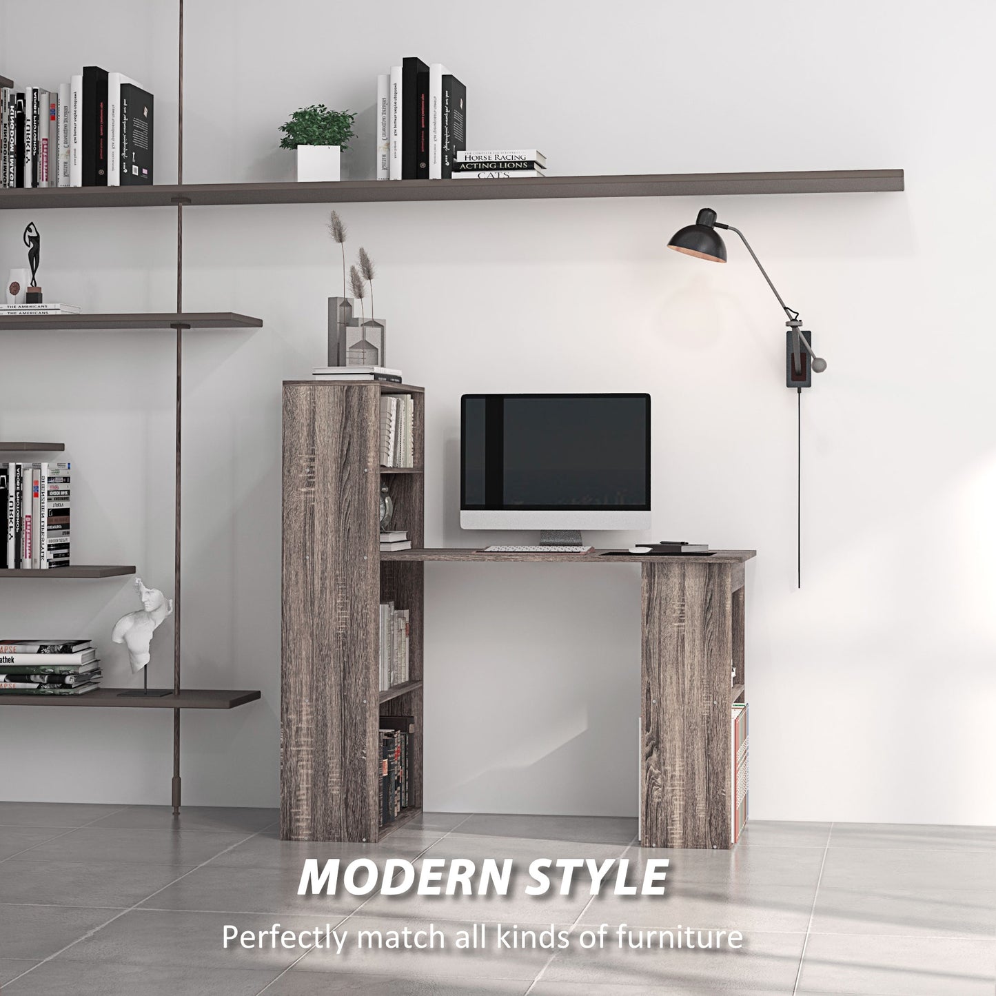 120cm Modern Computer Desk Bookshelf Study Table Workstation PC Laptop Writing Home Office 6 Shelves, Grey Wood-Effect