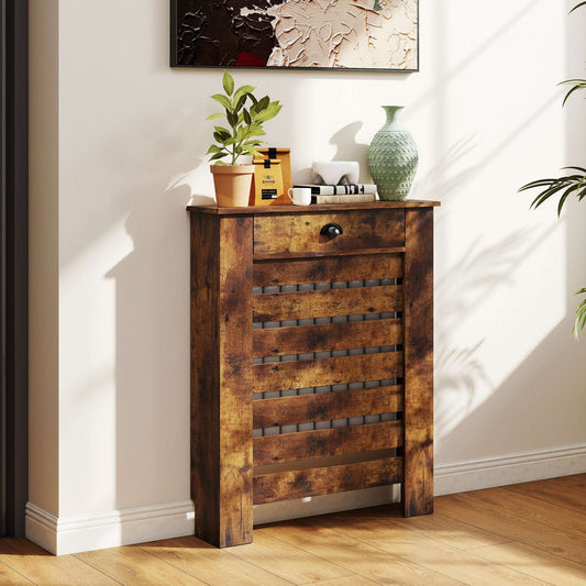 MDF & Particle Board Radiator Cover with 1 Drawer | Slatted Design | Skirting Board Cut-Outs | Easy-Fix Clips | Wood-Effect Top | 5kg Drawer Capacity | 78x19x95.5cm | Rustic Brown