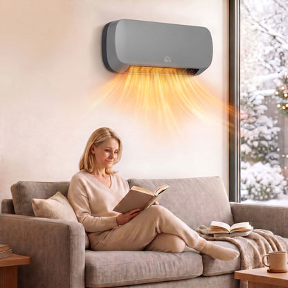Grey Wall-Mounted Ceramic Heater | 1000W/2000W & Fan Mode | 10–49°C Thermostat | Weekly Timer, LED Display & Remote Control