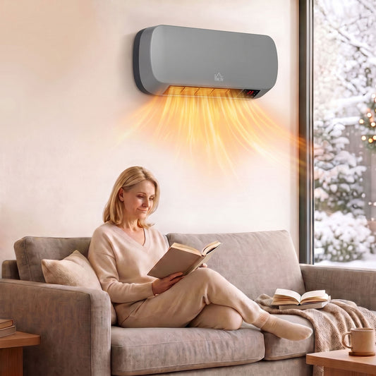 Grey Wall-Mounted Ceramic Heater | 1000W/2000W & Fan Mode | 10–49°C Thermostat | Weekly Timer, LED Display & Remote Control