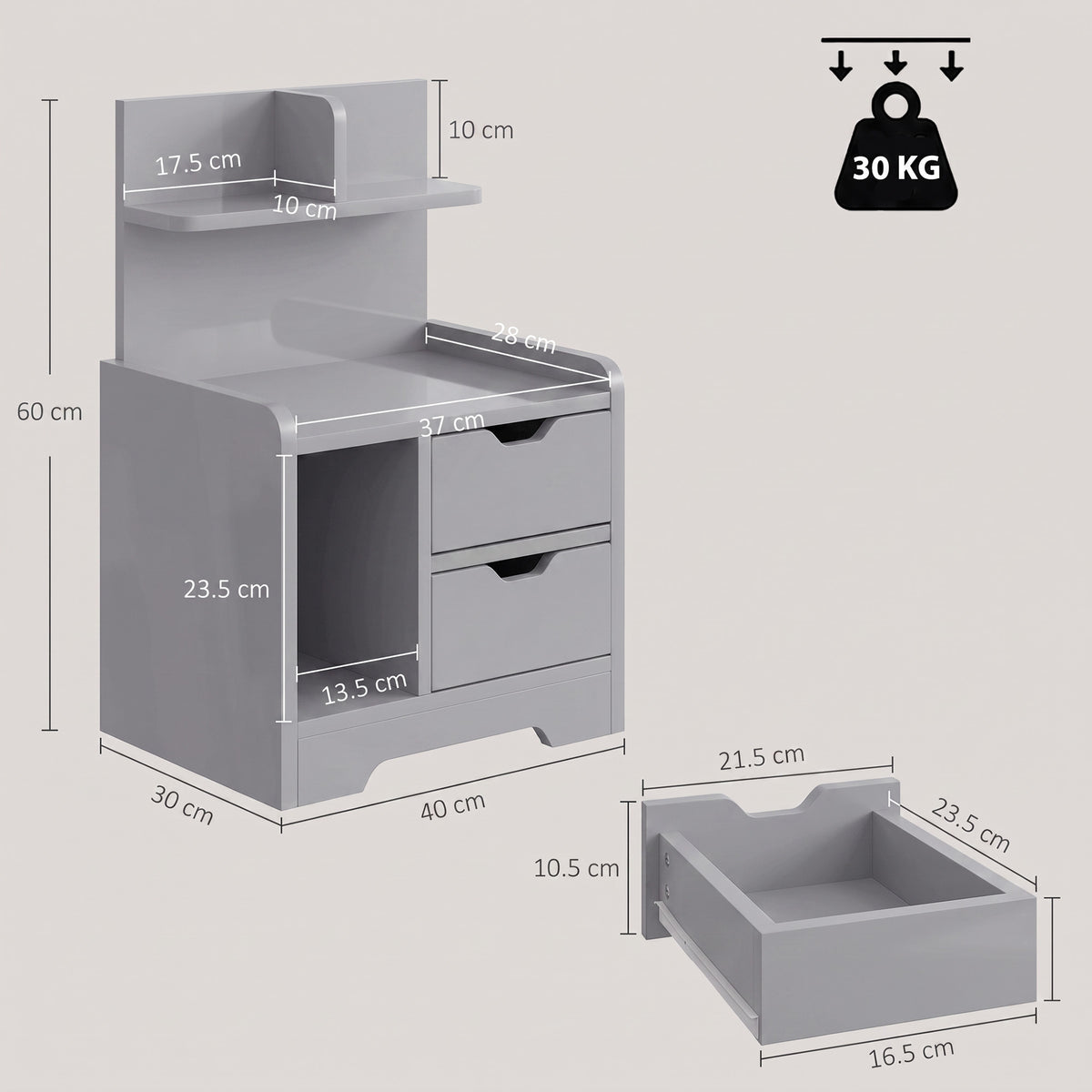 Bedside Table with 2 Drawers & Open Shelves | Grey Particleboard | 40x30x60cm | 30kg | Cut-Out Handles | Rounded Corners | Top & Bottom Shelves | Modern Nightstand | Bedroom Side Table