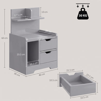 Bedside Table with 2 Drawers & Open Shelves | Grey Particleboard | 40x30x60cm | 30kg | Cut-Out Handles | Rounded Corners | Top & Bottom Shelves | Modern Nightstand | Bedroom Side Table