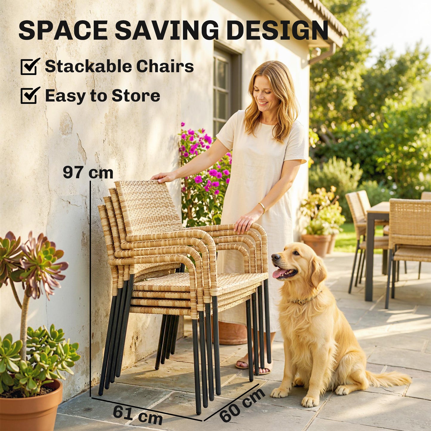 6-Piece 4-Seater Rattan Garden Dining Set | Parasol | Tempered Glass Table | Stackable Chairs | 120kg | Brown