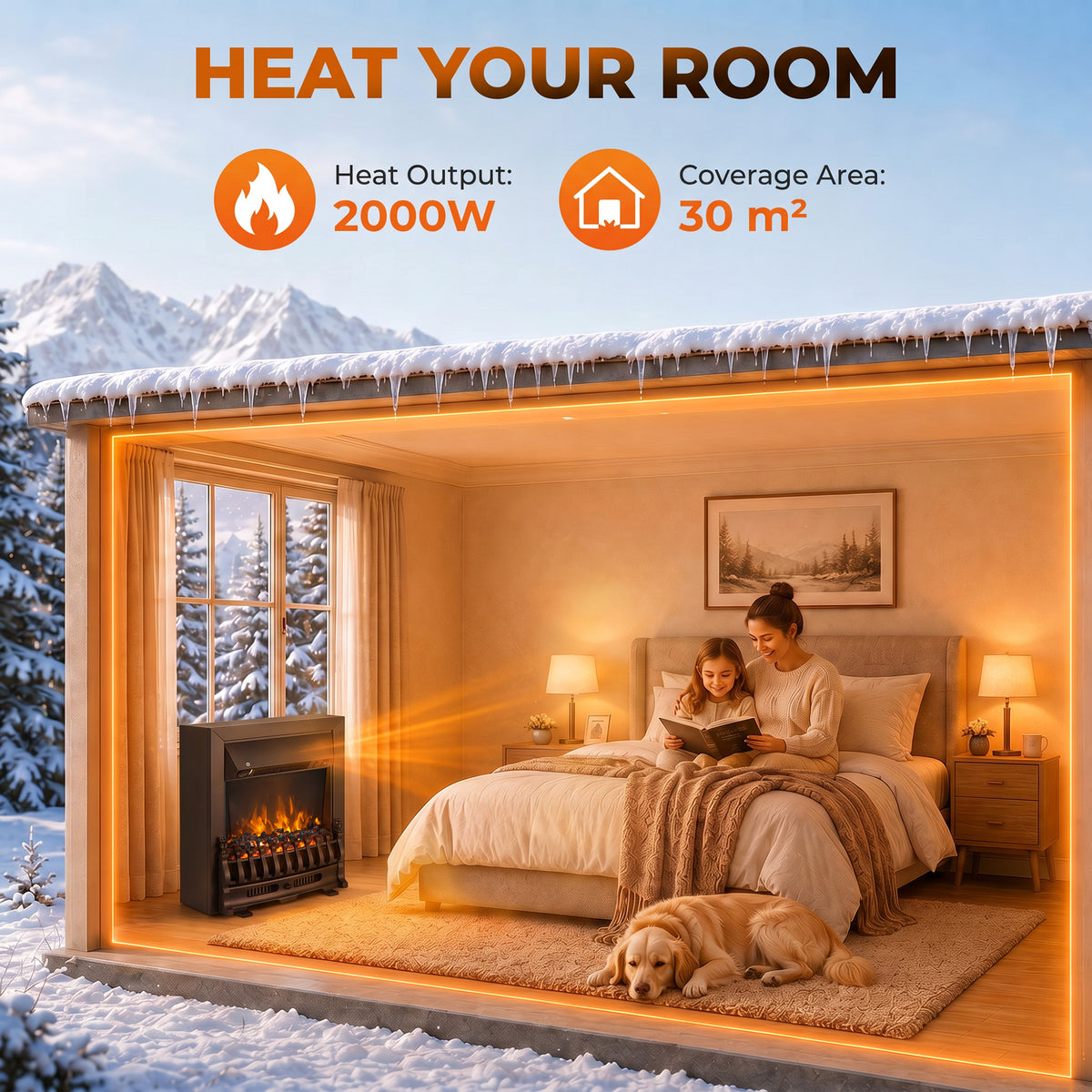 Electric Fireplace | 1000W/2000W Freestanding & Inset Fire | LED Flame & Glowing Coal Bed | Adjustable Thermostat | Matt Black
