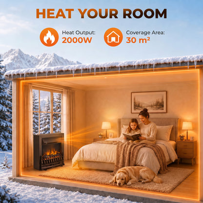 Electric Fireplace | 1000W/2000W Freestanding & Inset Fire | LED Flame & Glowing Coal Bed | Adjustable Thermostat | Matt Black