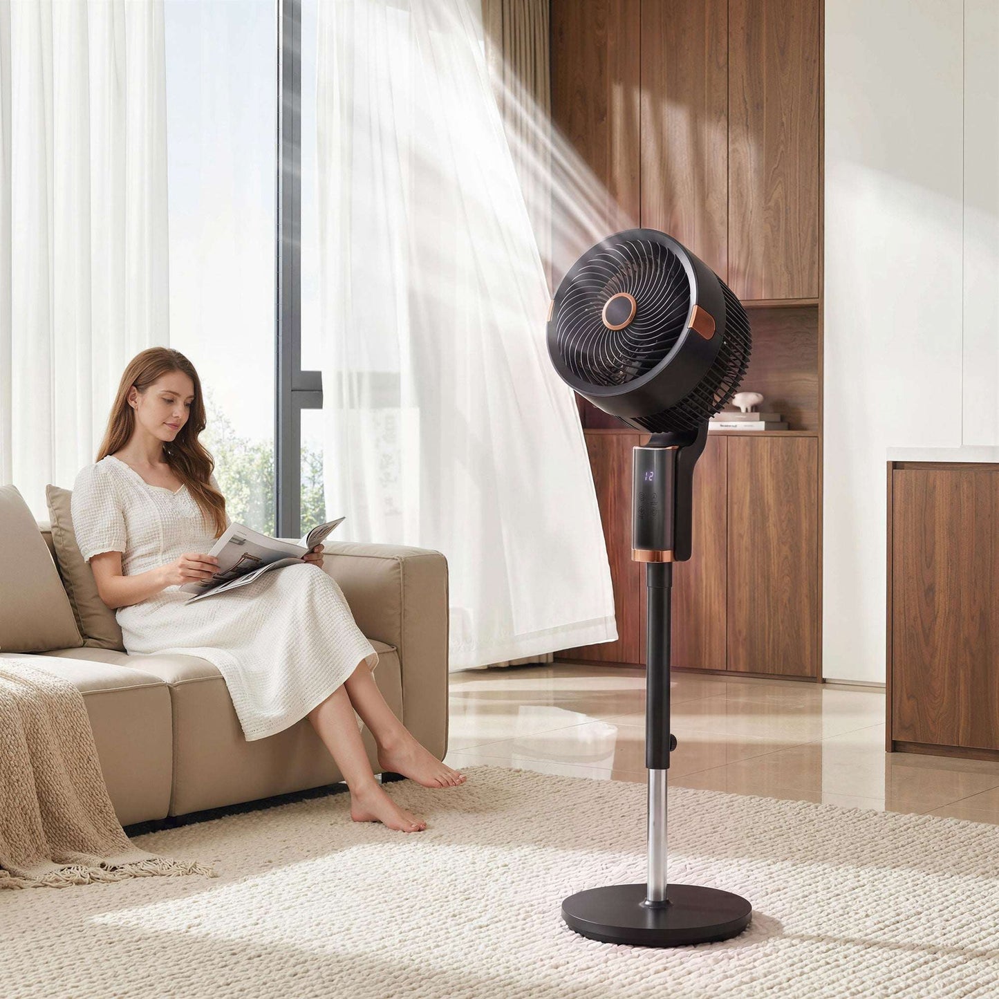 Pedestal Standing Fan | 20dB Sleep Mode | 8 Speeds | 9.5m³/min Airflow | 3D Oscillation | Aromatherapy Pad | Blue Mood Light | Detachable Grill | 5m Remote | 12H Timer | 50W | 110cm | Black & Gold